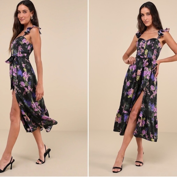 LULUS Prom Wedding Flowy Sexy Floral Boho Corset Bustier Midi Dress - Picture 3 of 4